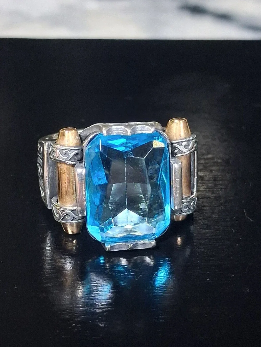 Mixed Metal Blue Gemstone Sterling Silver Ring Unisex 16 Grams Size 9